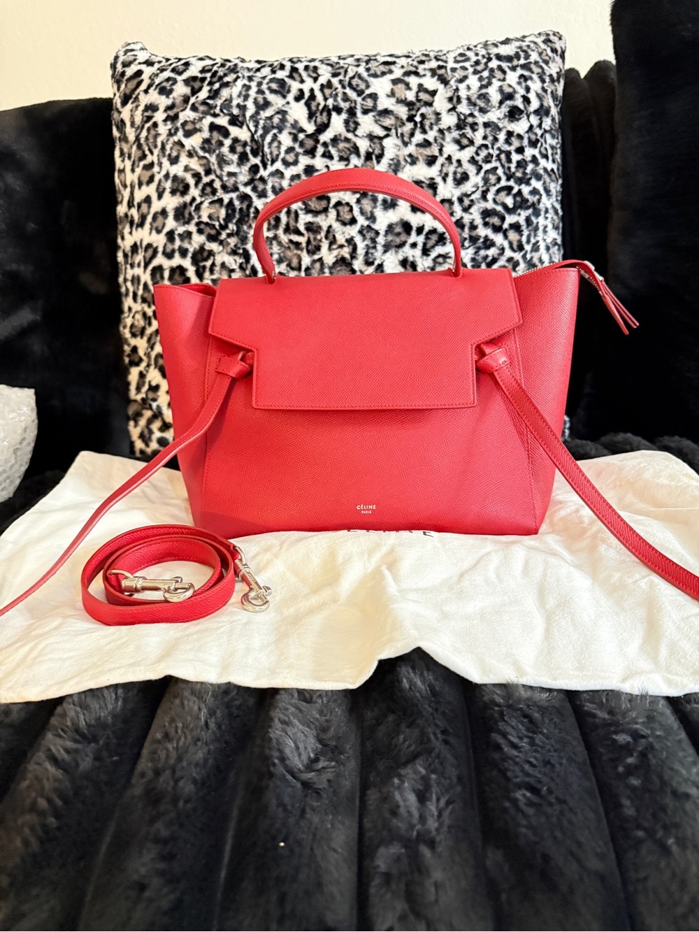 Celine Red Leather Top-Handle Satchel with Detachable Strap